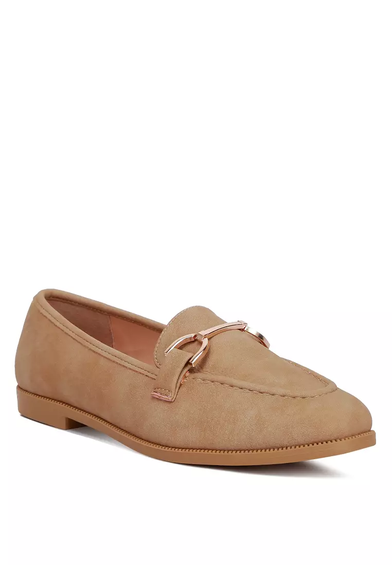 Horsebit Detail Flat Loafers in Beige