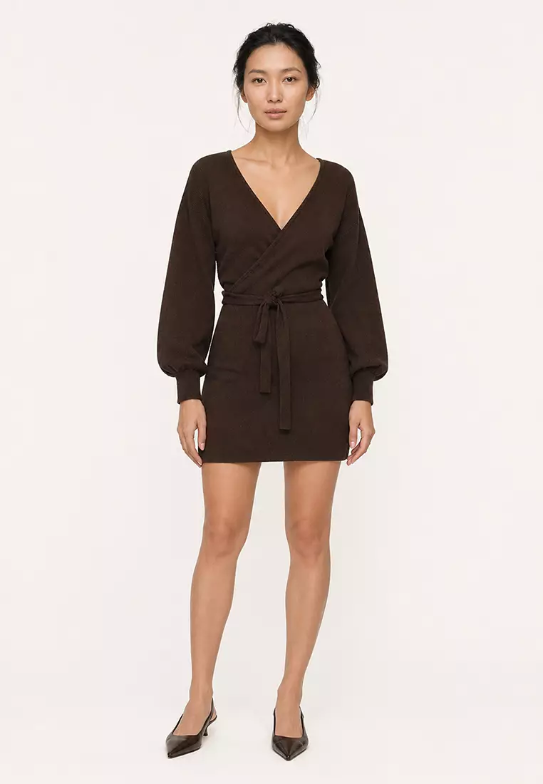 Women's Dark Brown Double-Breasted Batwing Sleeve Waist Belted Camisole Dress Alc-X7623