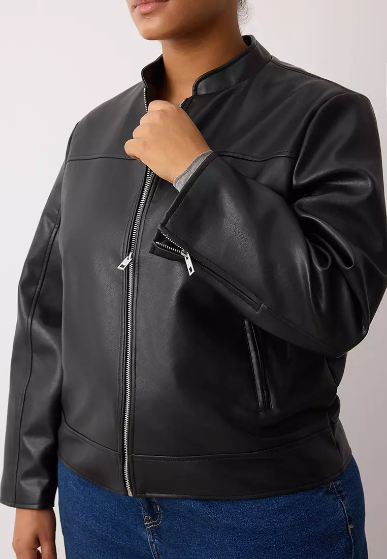 Black Fitted Mold Faux Leather Biker Plus Size Thin Jacket Coat