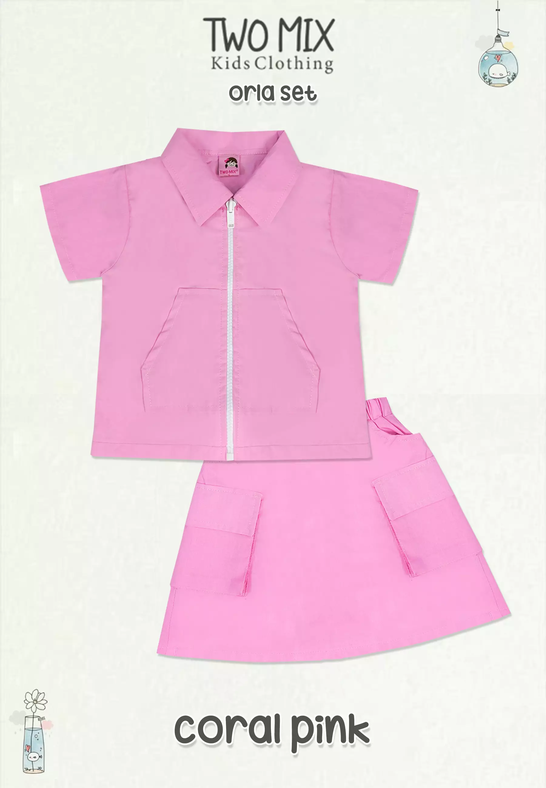Two Mix - Oria Set Baju Setelan Anak Perempuan Lucu Katun 1-12 Tahun 4393 Coral Pink