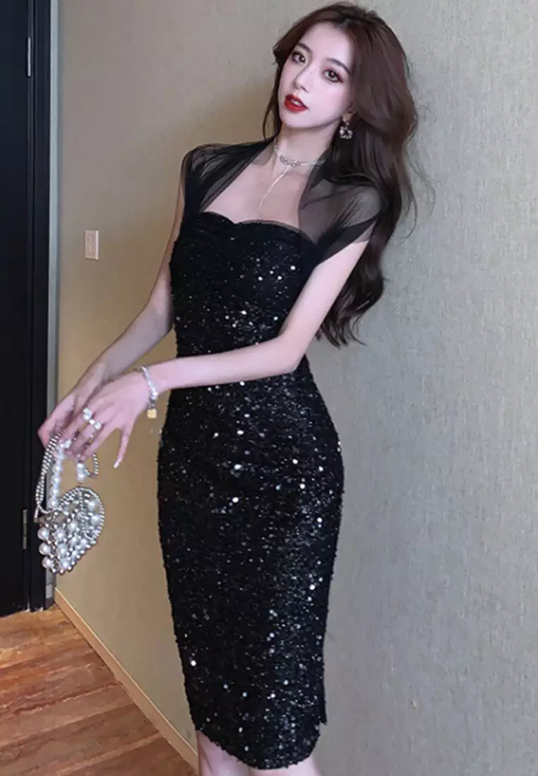 Buy Sunnydaysweety Temperament Mesh Splicing Sequin Slim Fit One