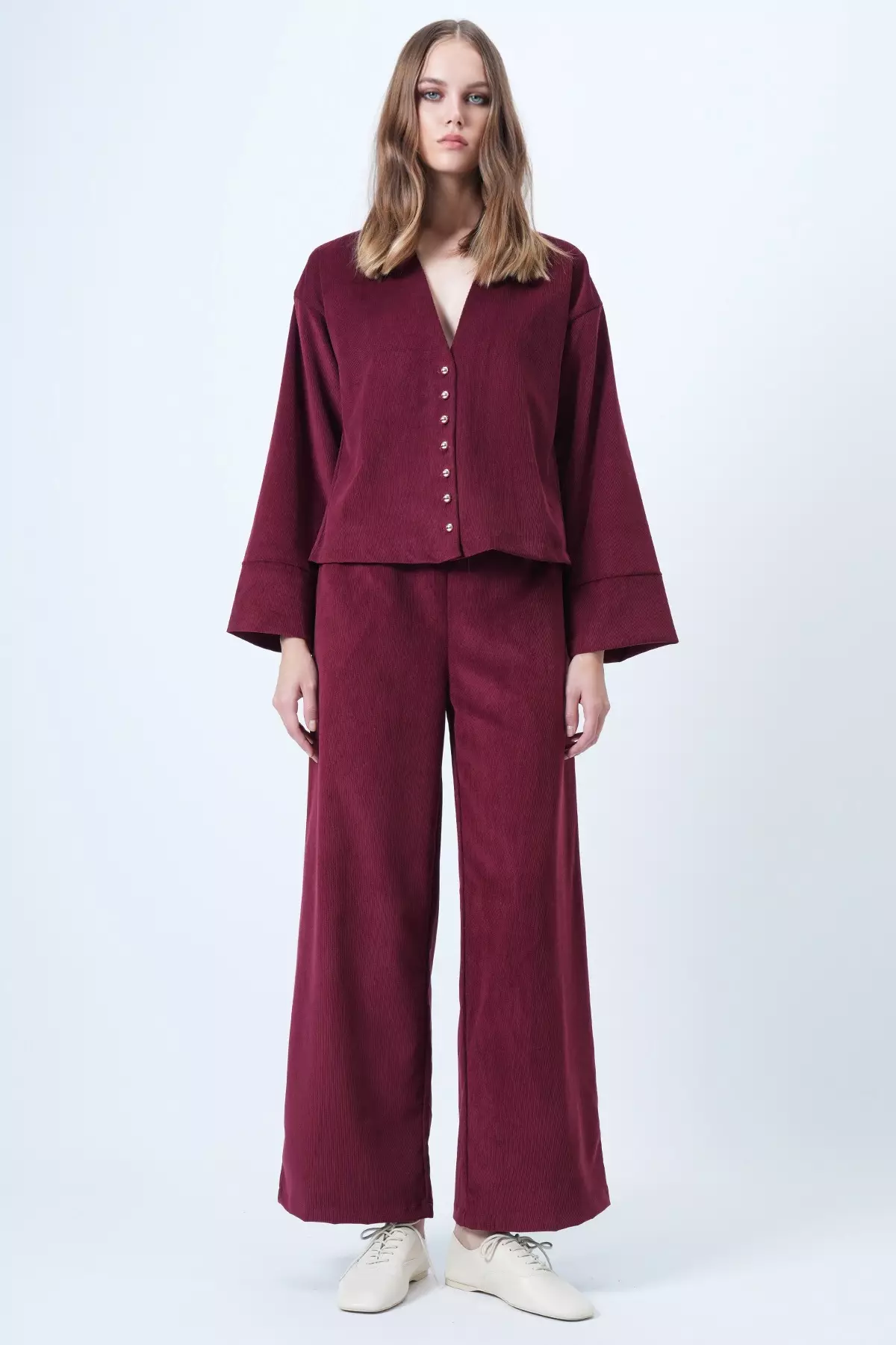 Burgundy Hakim Collar Gold Button Detailed Velvet Jacket And Palazzo Trousers Two-Piece Set Alc-X14633