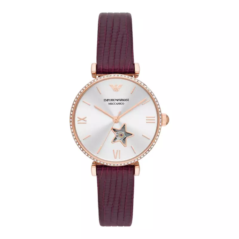 Jam Tangan Wanita Emporio Armani AR60044 Automatic Ladies Open Heart Silver Dial Burgundy Leather Strap