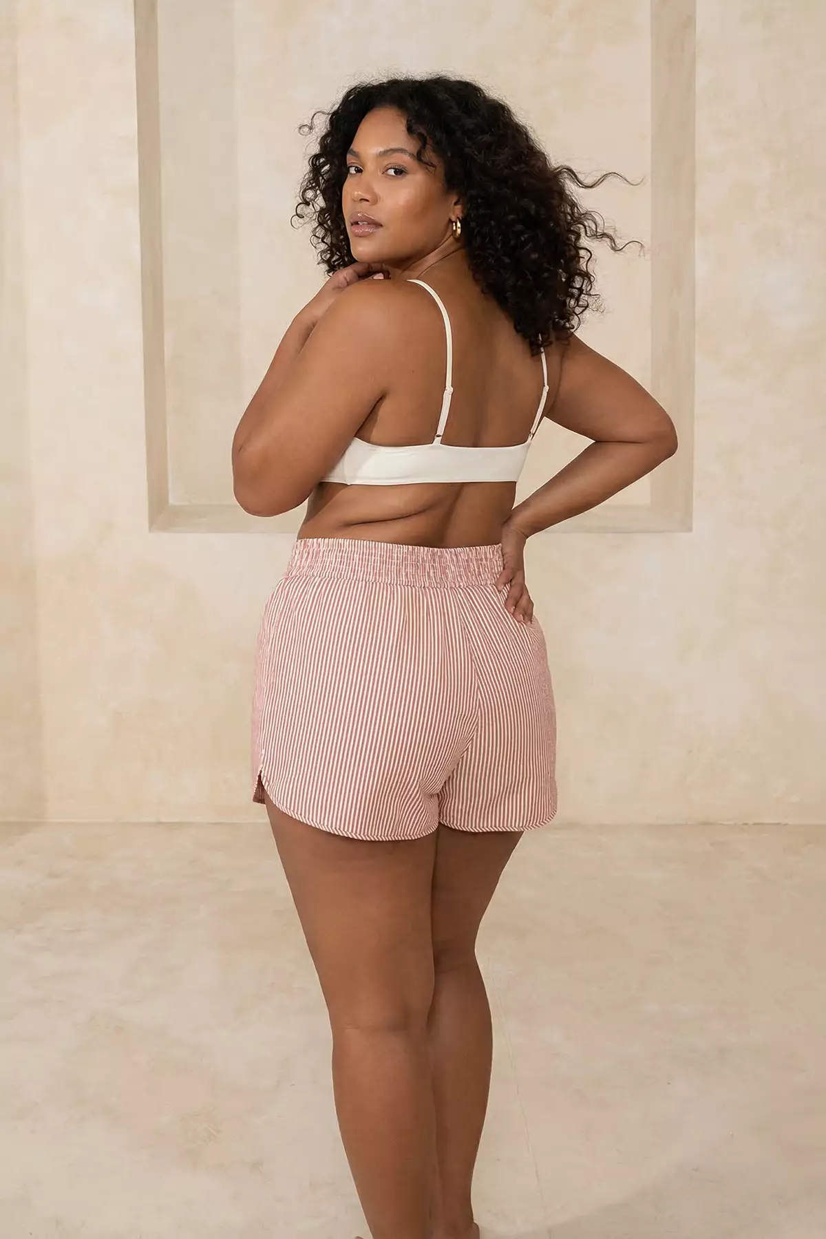 Beachwear Salmon Striped Seersucker Textured Fabric Plus Size Beach Shorts Tbbss26Ap00007
