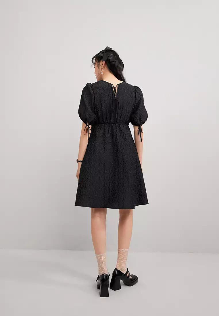 Puff Sleeve Floral Embossed Mini Dress