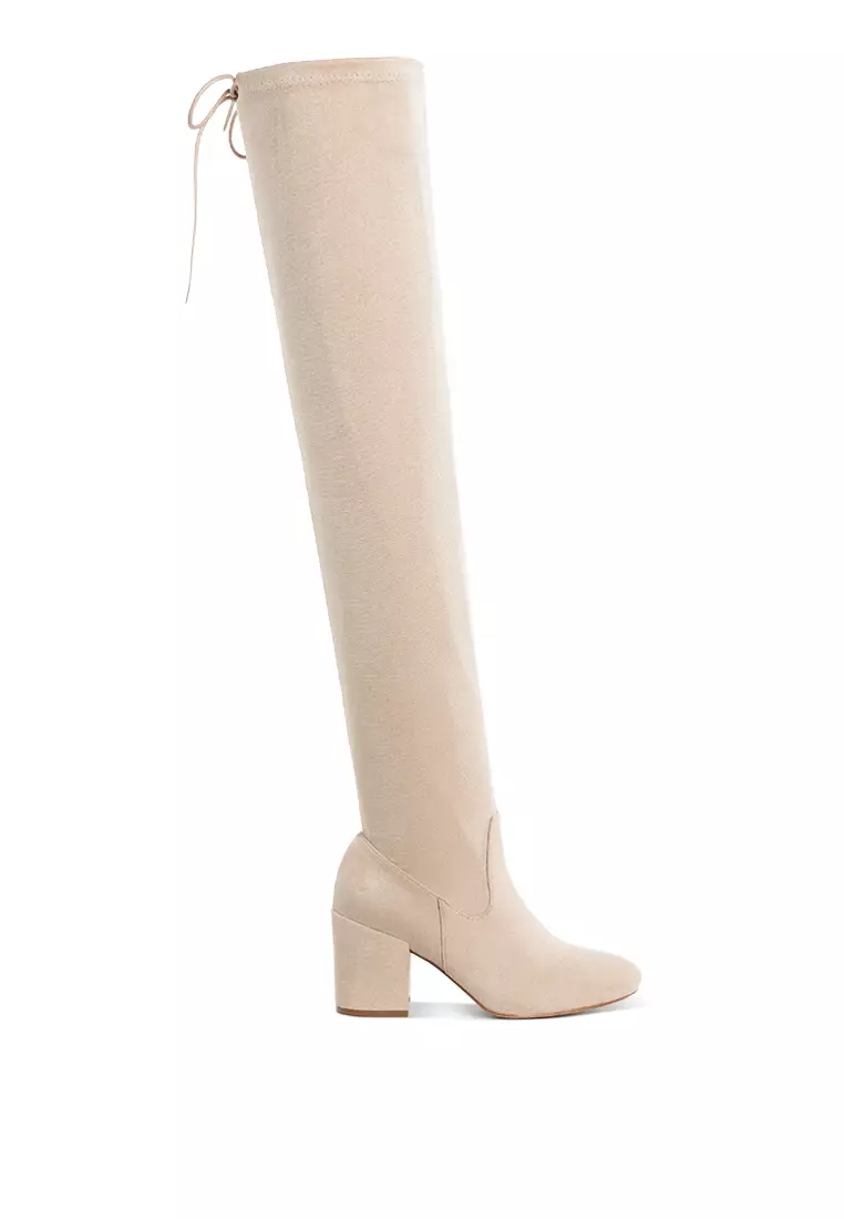 Discount on London Rag  shoes - SKU: Minimal Drawstring Detail Knee-High Boots in Beige