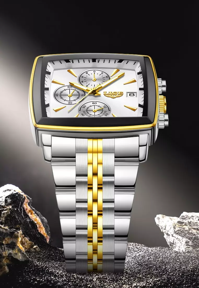 Chronograph Unisex Gold color finished Stainless Steel Quartz Watch 40X40mm, Silver Dial, on Bicolor Bracelet