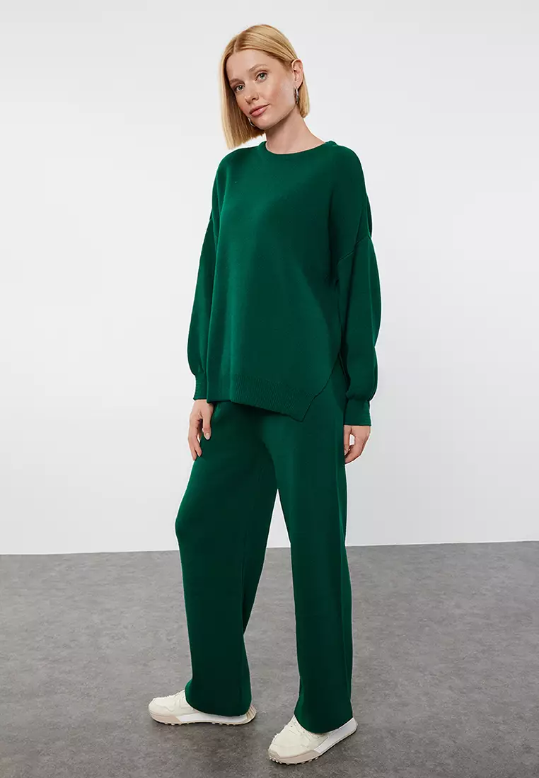 Emerald Green Balloon Sleeve Trousers Knitwear Set