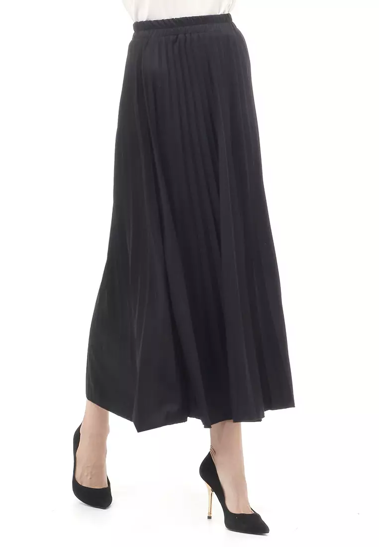 Skirt Plisket Bawahan Wanita Motif Polos Relaxed Fit - Hitam