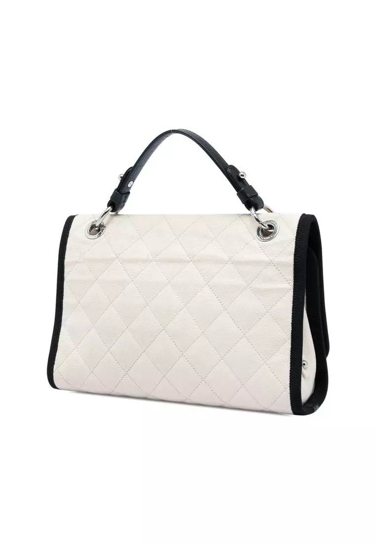 Pre-Loved Chanel Cc Bicolor Quilted Caviar And Grosgrain Top Handle Flap