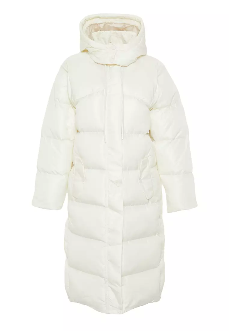 Ecru Regular Hooded Side Snap Detail Water Repellent Long Puffer Jacket TWOAW24MO00104