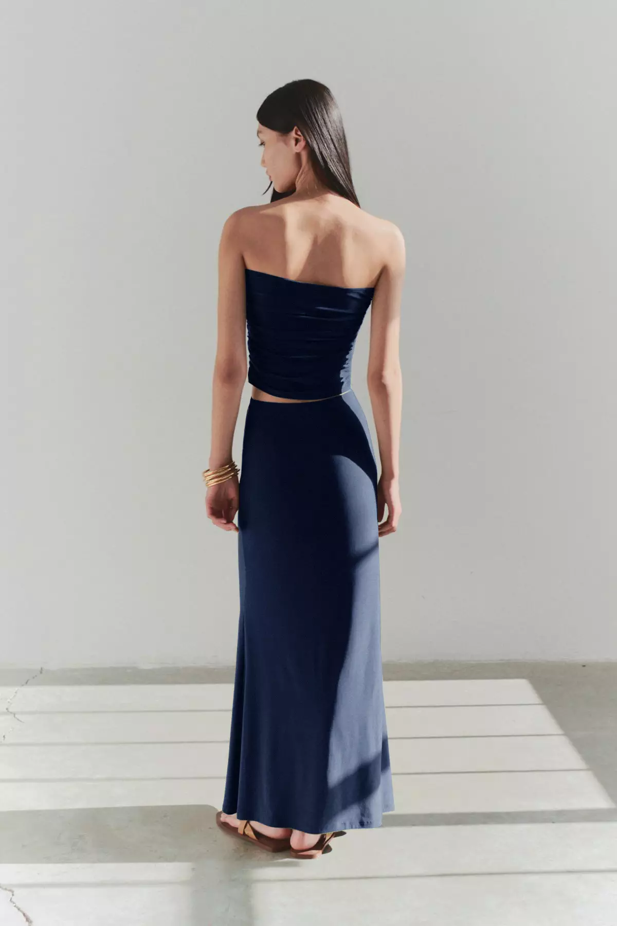 Limited Edition Navy Blue Body Fitting Accessory Detailed Knitted Long Skirt