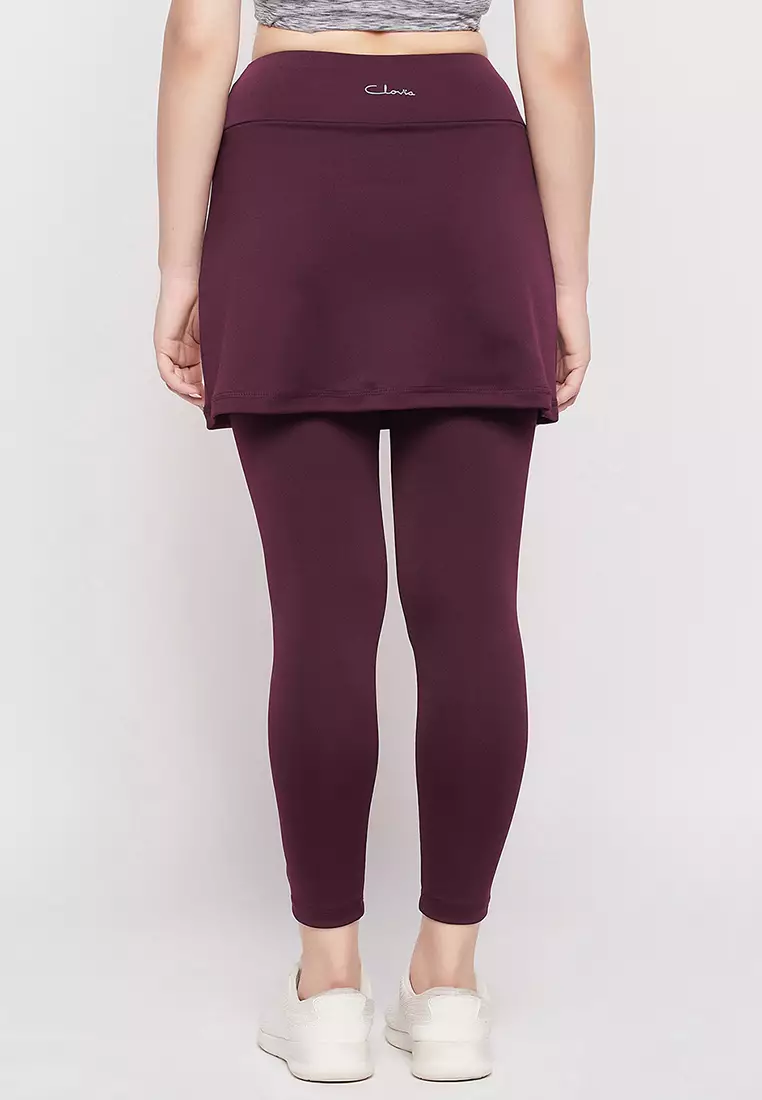 Clovia Snug-Fit High Rise Active Skirt with Attached Tights in Plum Colour