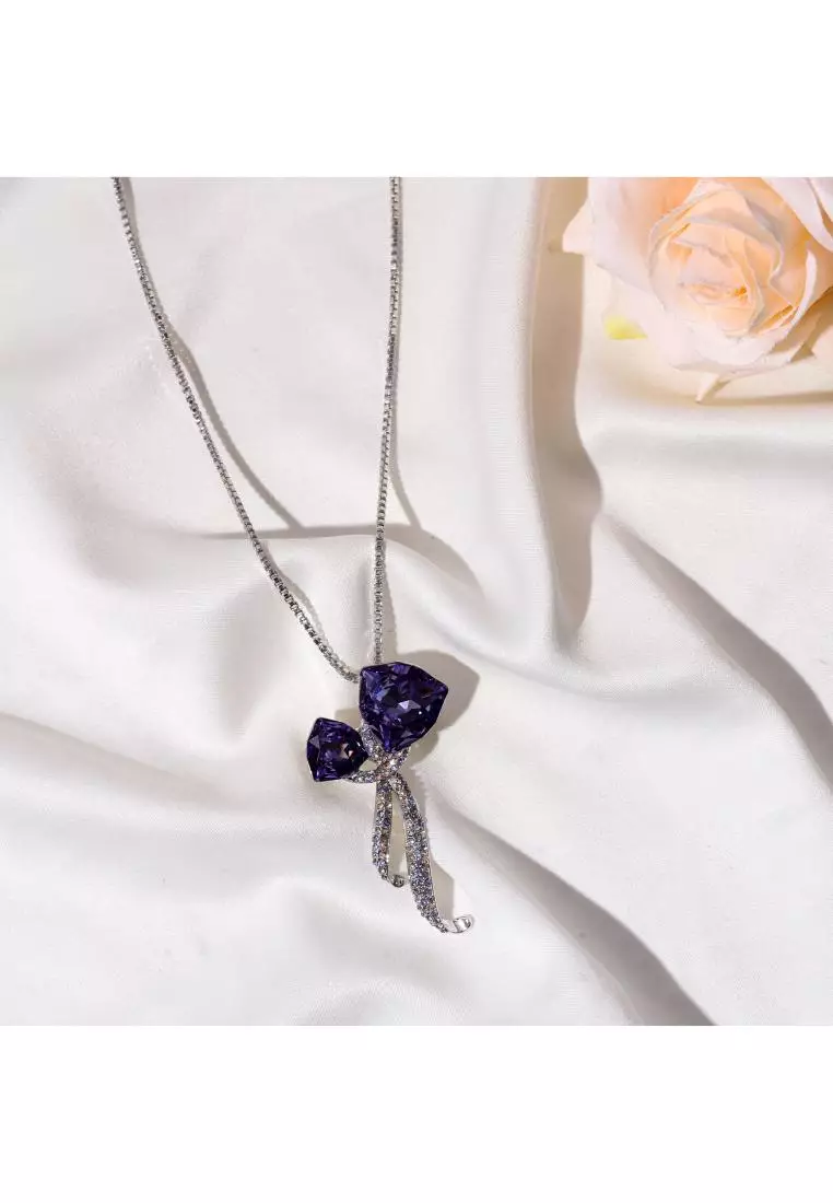 [ RAMADHAN COLLECTION ] Luxury Ribbon Brooch Pendant blue WG - Bros Kalung Crystal Premium by Her Jewellery