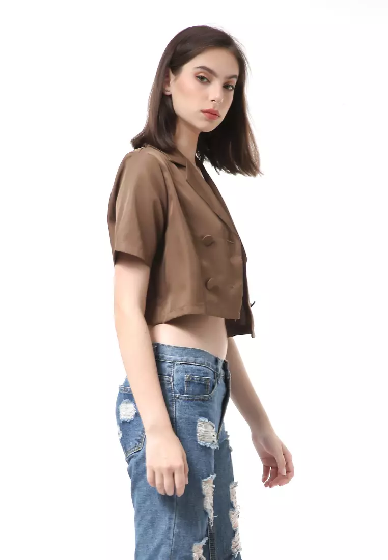 Myra Blazer Wanita Lengan Pendek Simple Design Motif Polos Material Cotton ORIGINAL - Brown