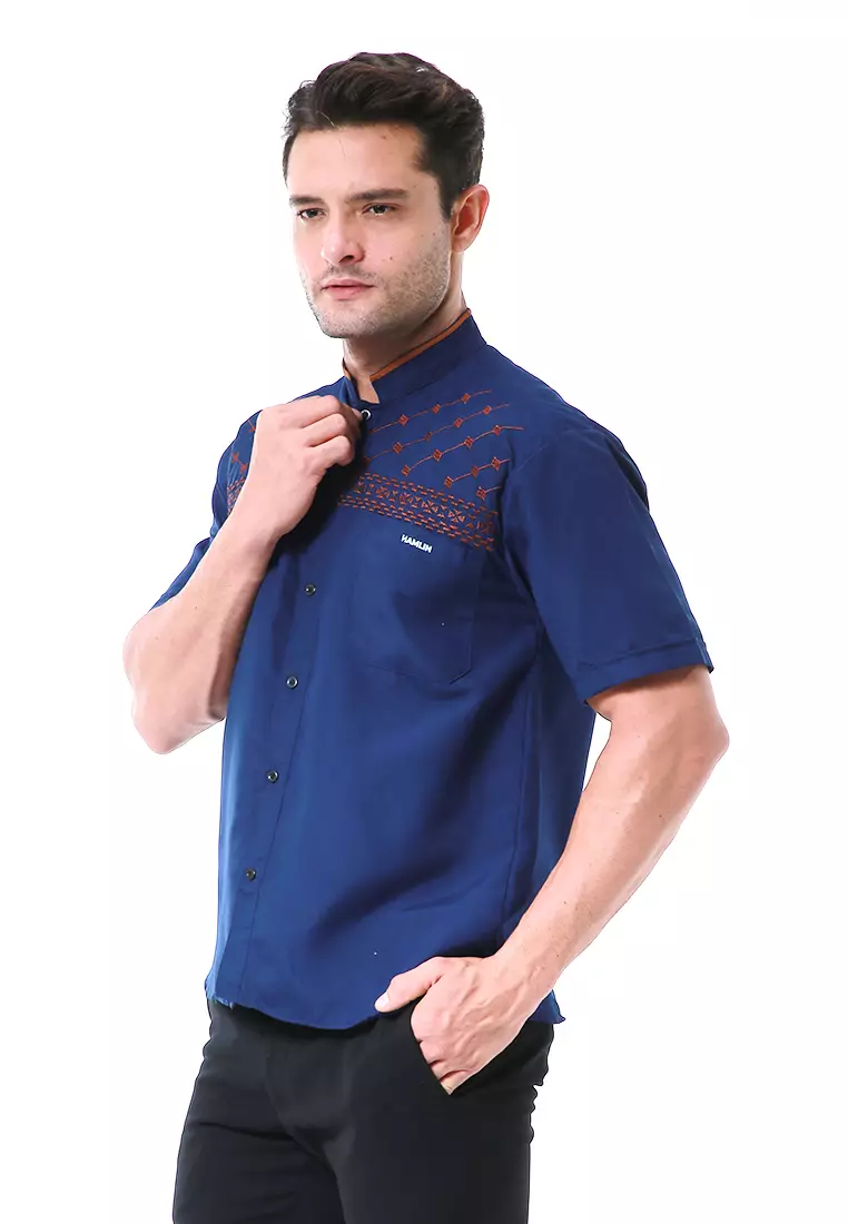 Leopold Kemeja Koko Pria Lengan Pendek Motif Bordir Material Cotton ORIGINAL - Navy