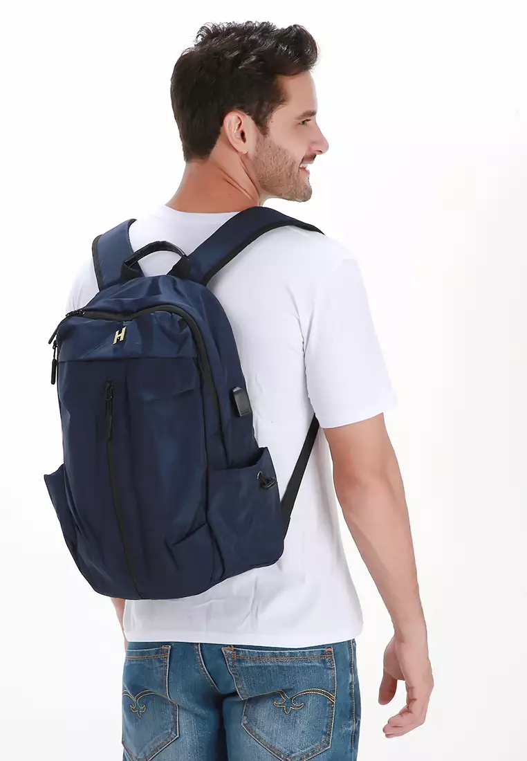 Doomb Tas Ransel Laptop Oxford Simple Desain USB Port Charging Material Oxford ORIGINAL - Blue