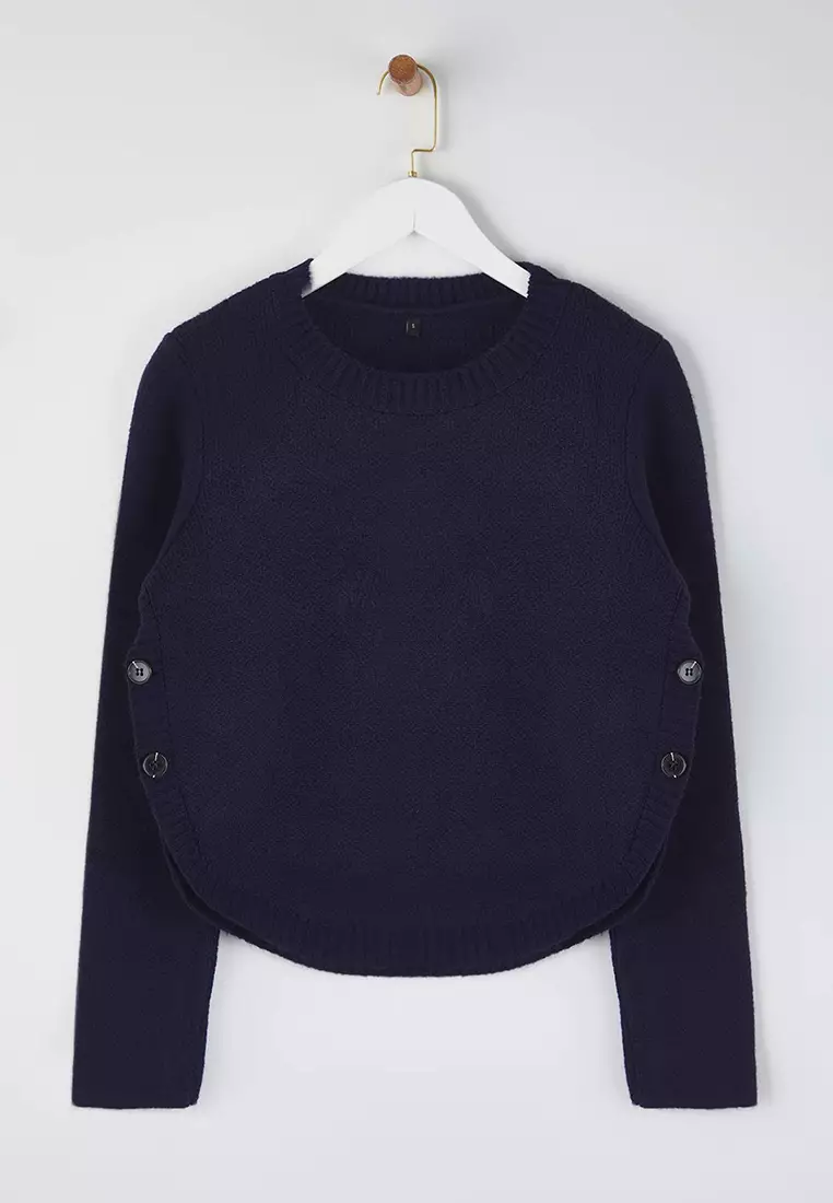 Navy Blue Wide-Cut Soft Textured Button Detailed Knitwear Sweater