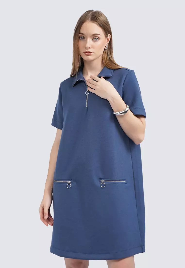 Mini Dress with Zipper Details DARK BLUE