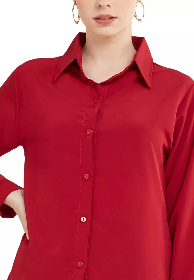Kemeja Kerja Polos Plain Wanita Lengan Panjang Reguler Fit Premium Quality - Maroon