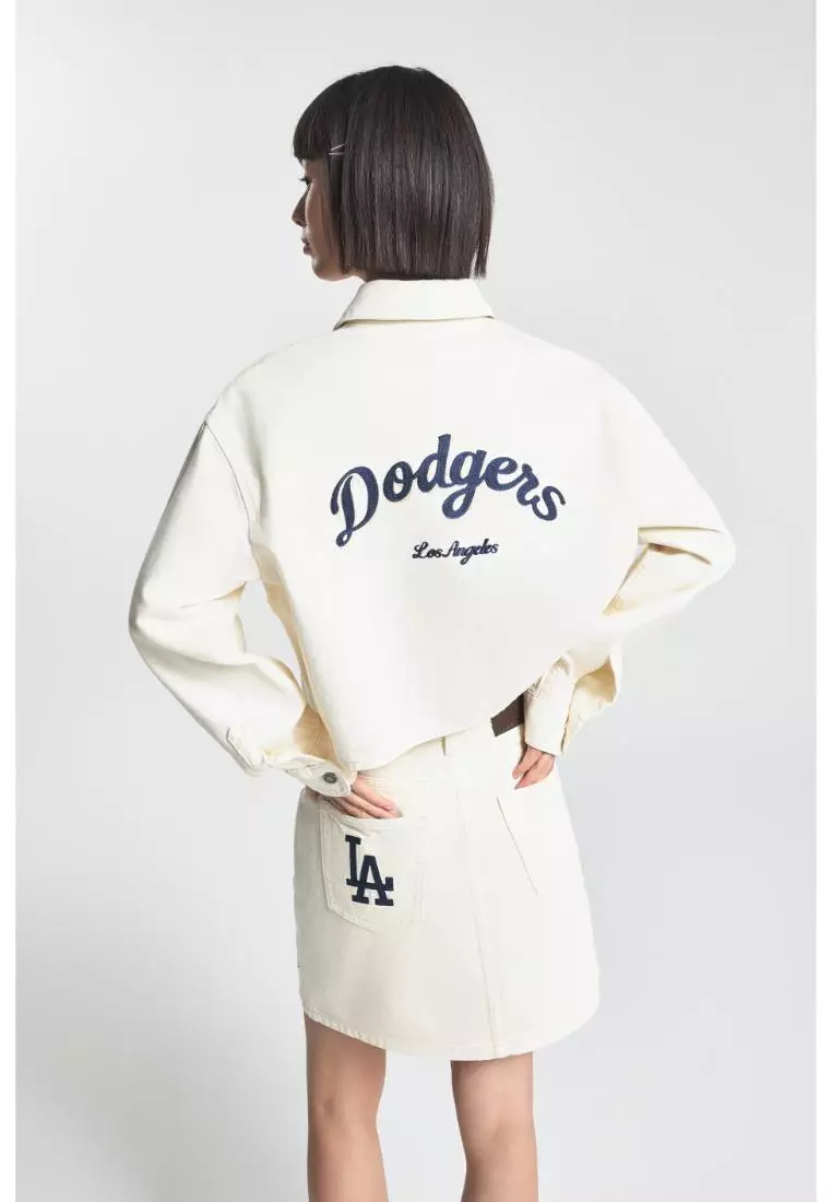 WOMEN'S VARSITY CURSIVE EMBROIDERY CROPPED DENIM SHIRTS LOS ANGELES DODGERS
