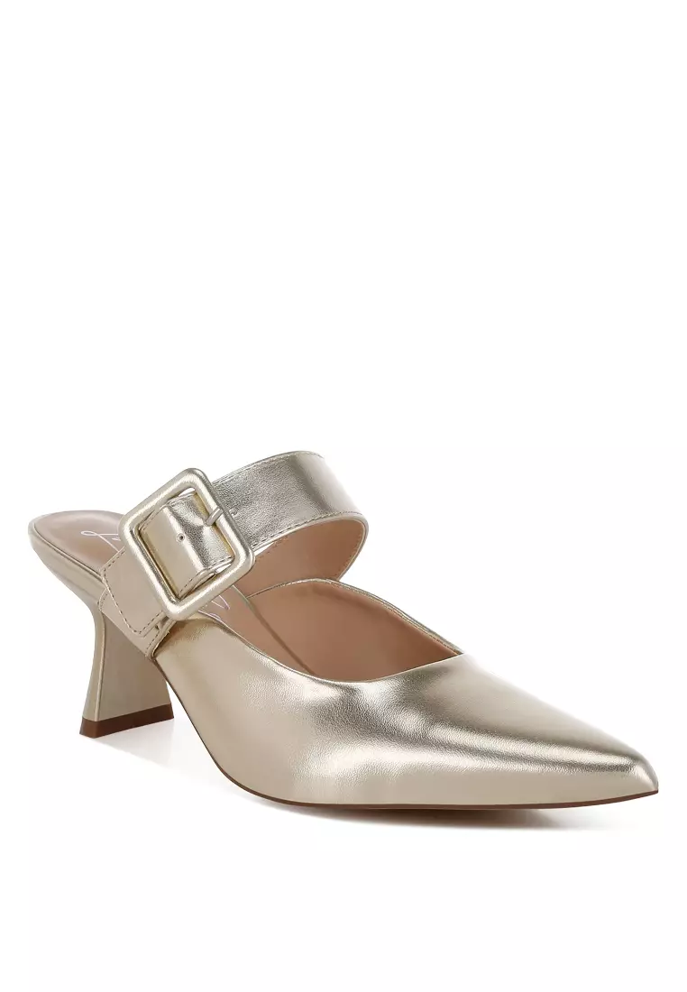Large Buckle Kitten Heel Mules In Gold