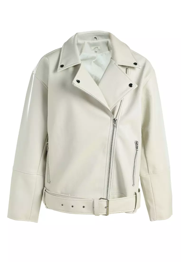 Unisex Belted Oversized Biker Jacket in Stone