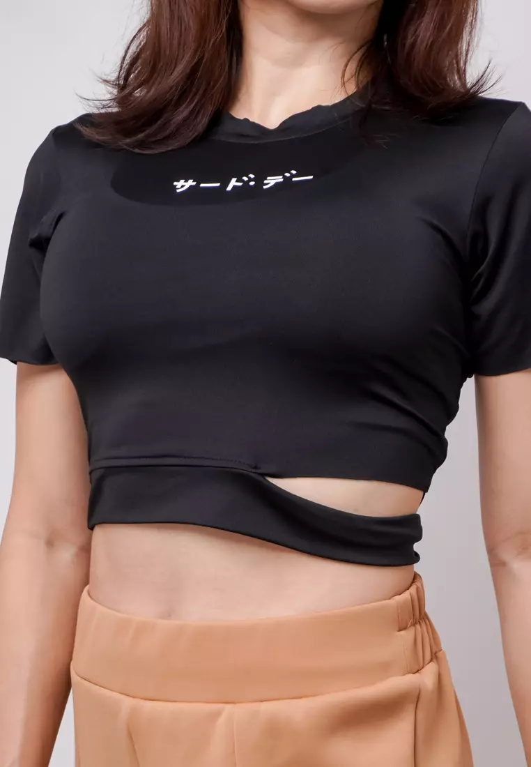 LTE20 TDLA CRWH Crop Short Sleeve Kaos Casual Wanita Katakana Black