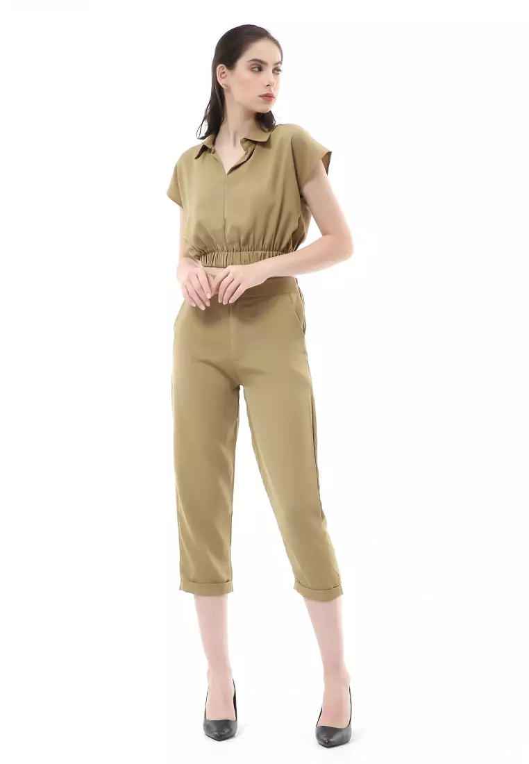 Nayra One Set Setelan Atasan Crop Karet Lengan Pendek Basic Pants Wanita Material Dolce ORIGINAL - Kiwi