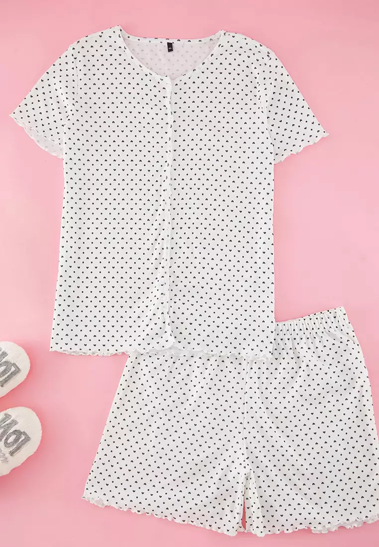 Ecru Heart Patterned Buttoned Camisole Shorts Knitted Pajama Set Tbbss25Ai00104