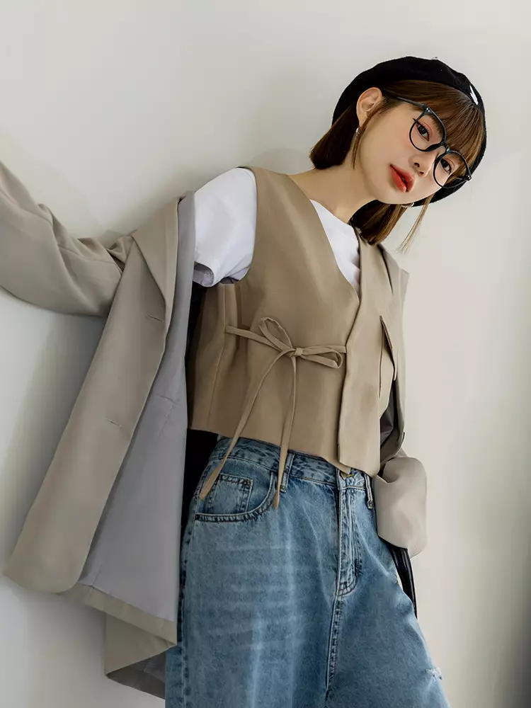 V-neck blazer tie-front cropped vest [AB19668]