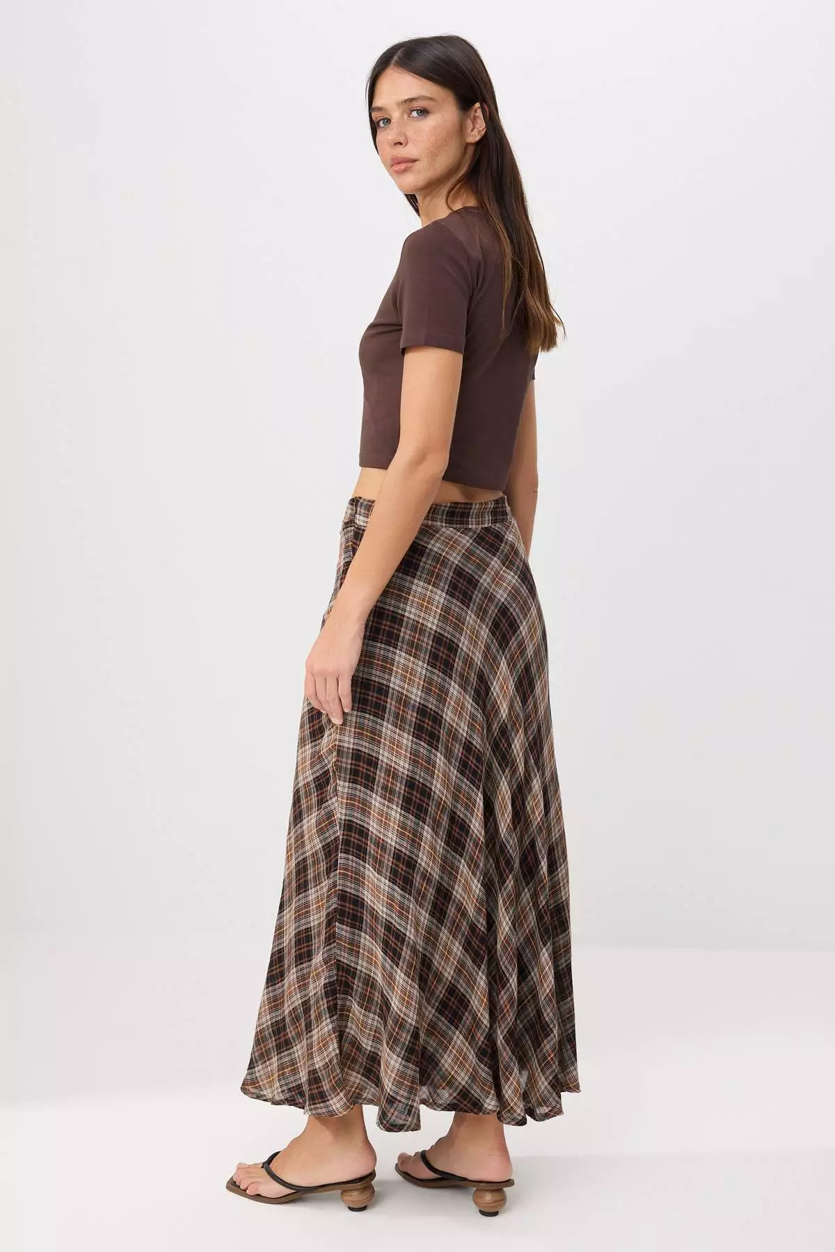 Brown Plaid 1% Cotton Lined Long Maxi Skirt Twoss26Et187