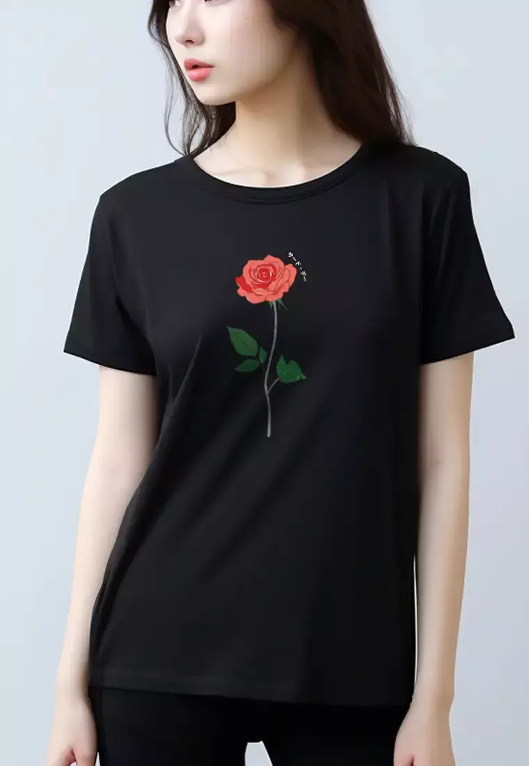 LTG44 Kaos Wanita Gambar Bunga Rose instacool ss hitam