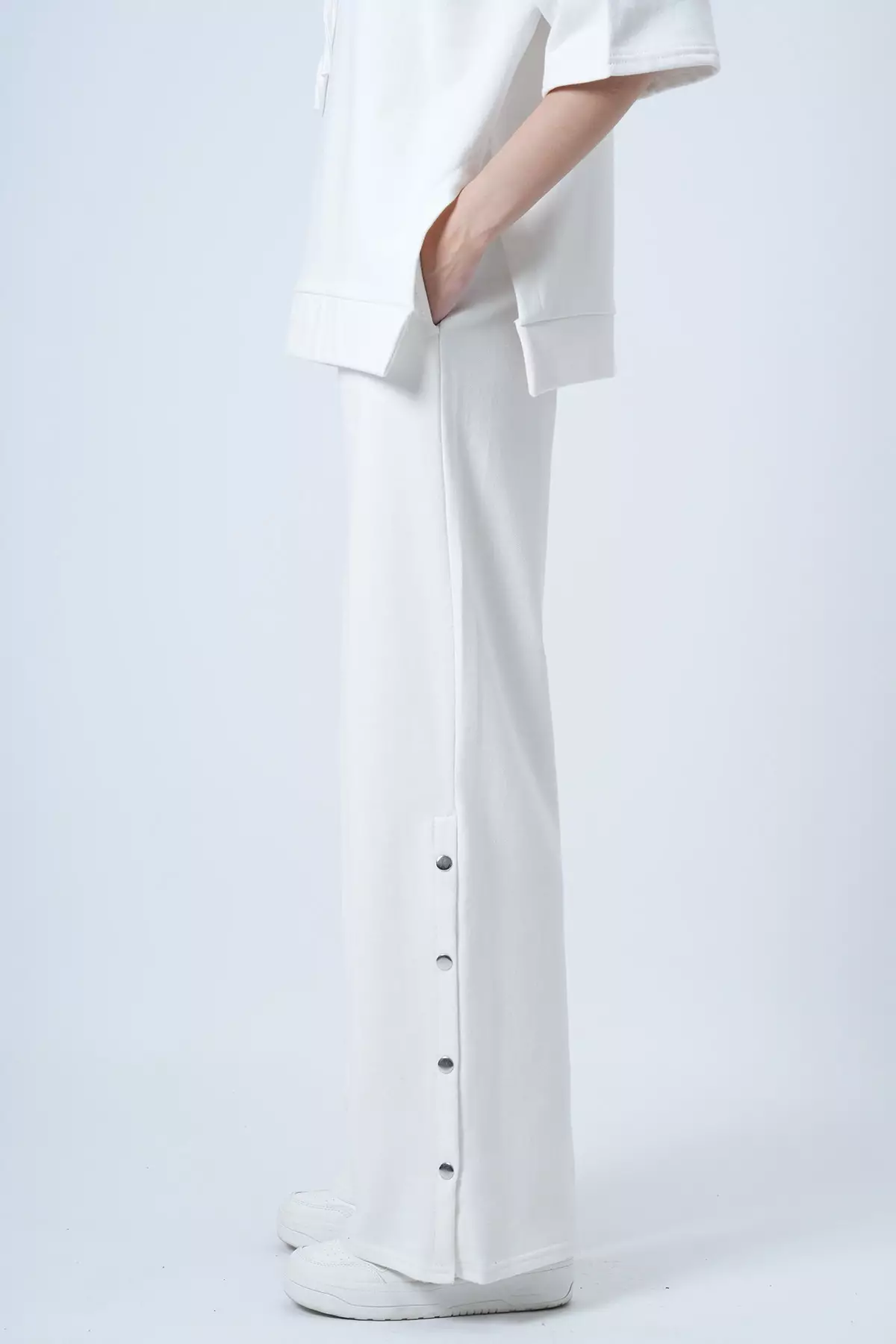 Women'S White Hooded Sweatshirt With Side Slits And Wide Leg Pants Set Alc-X14607