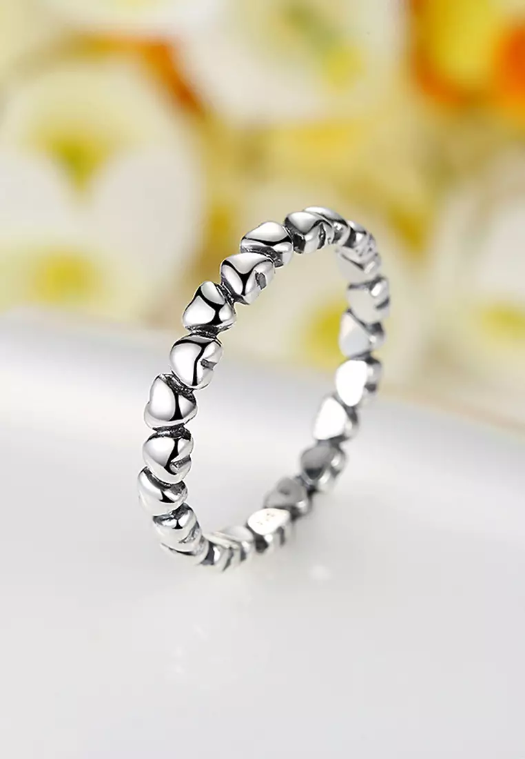 Solid 925 Sterling Silver Many Love Heart Band Ring