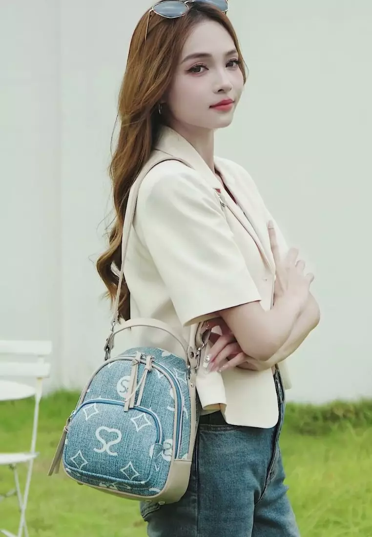 Women's Monogram Mini Backpack (Tas Ransel Wanita / Tas Punggung Wanita) - Biru