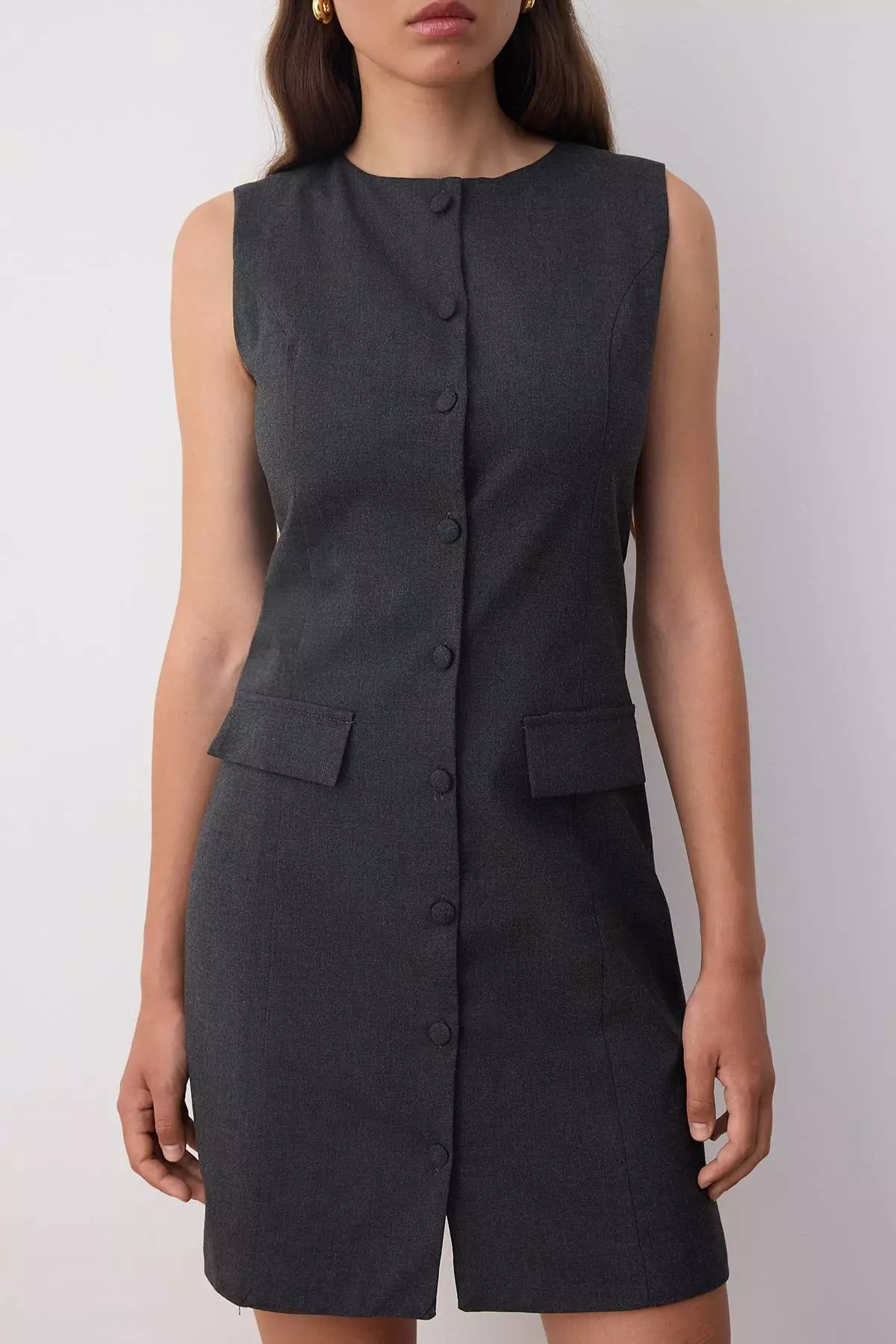 Anthracite Plain Short / Mini Woven Dress