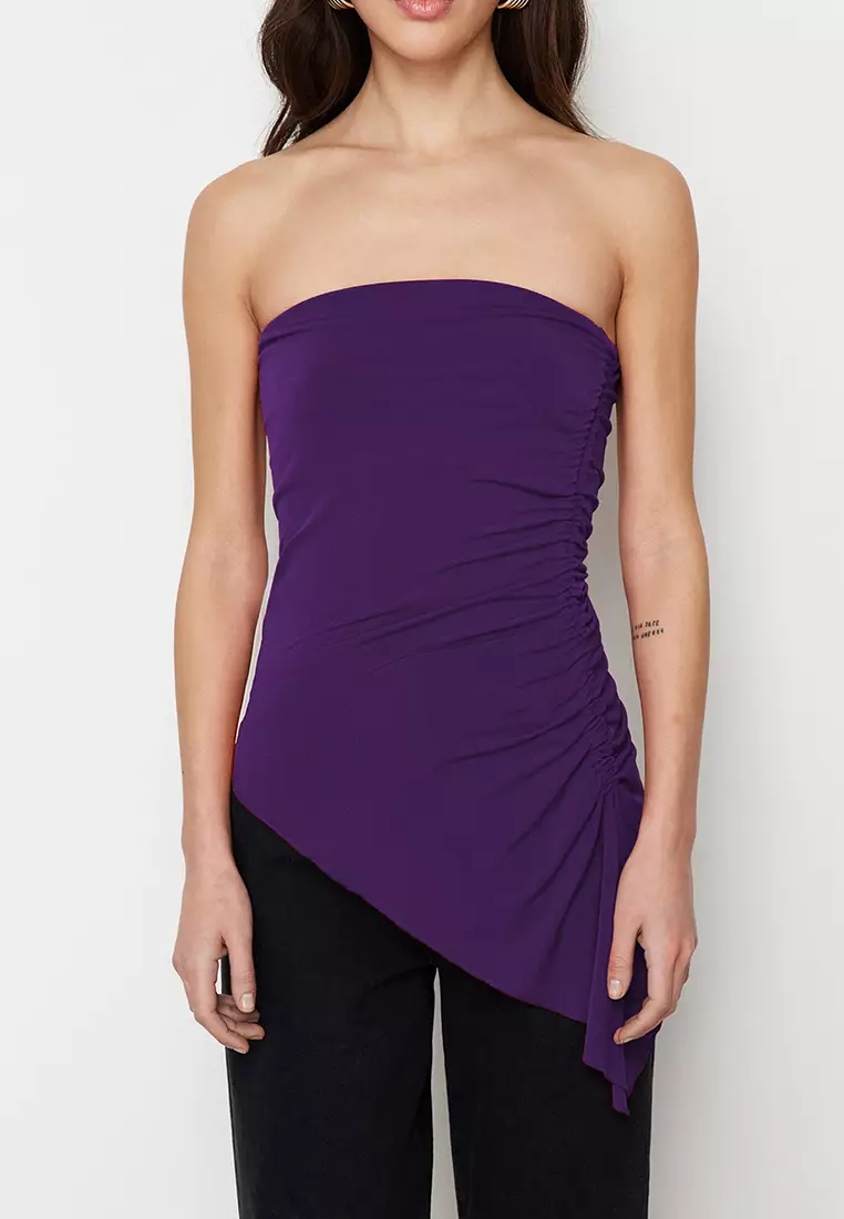 Purple Strapless Gathered Detail Fitted/Fits on the Body Flexible Knitted Blouse TWOSS24BZ00054
