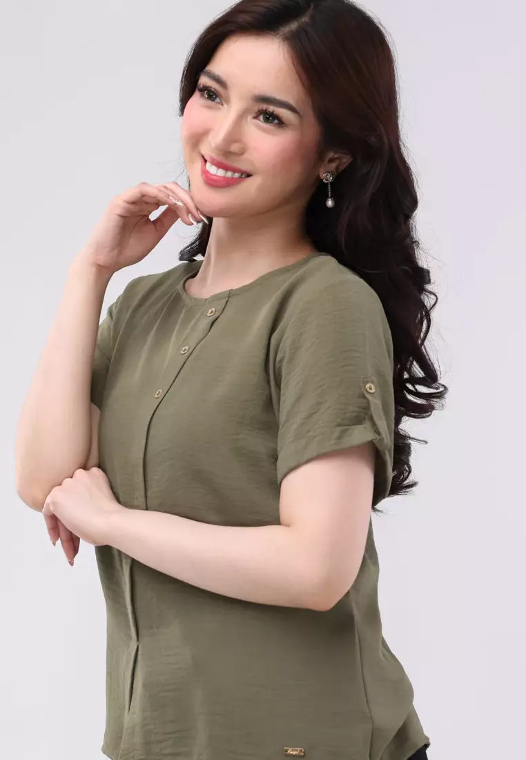 Linen Wrinkles Short Sleeves Round Neck Blouse