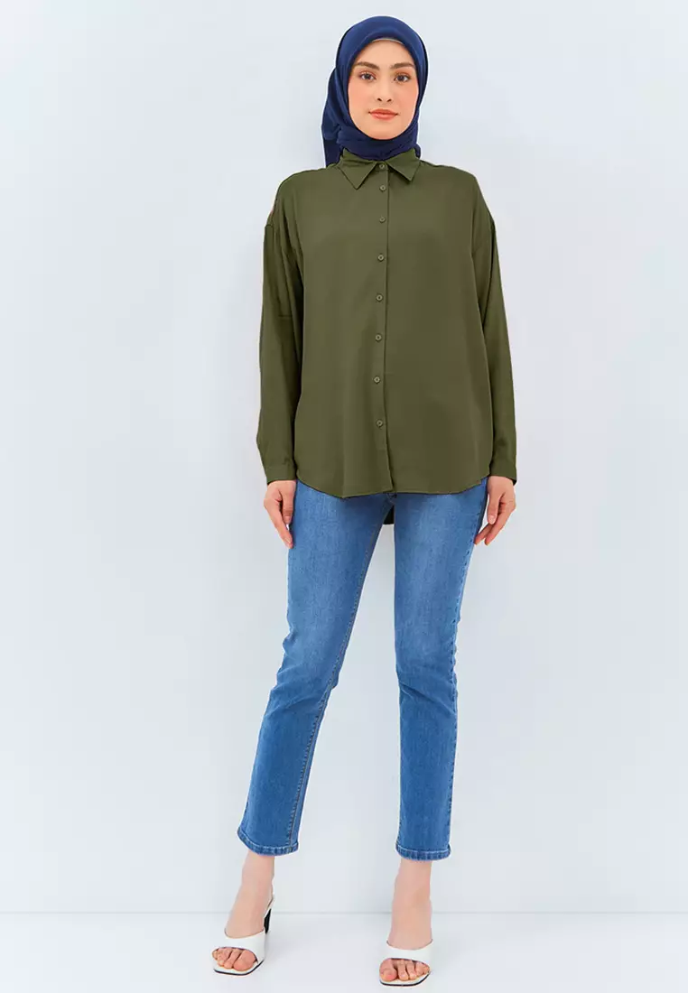 Flamoush Eviana Green Kemeja Oversize Wanita