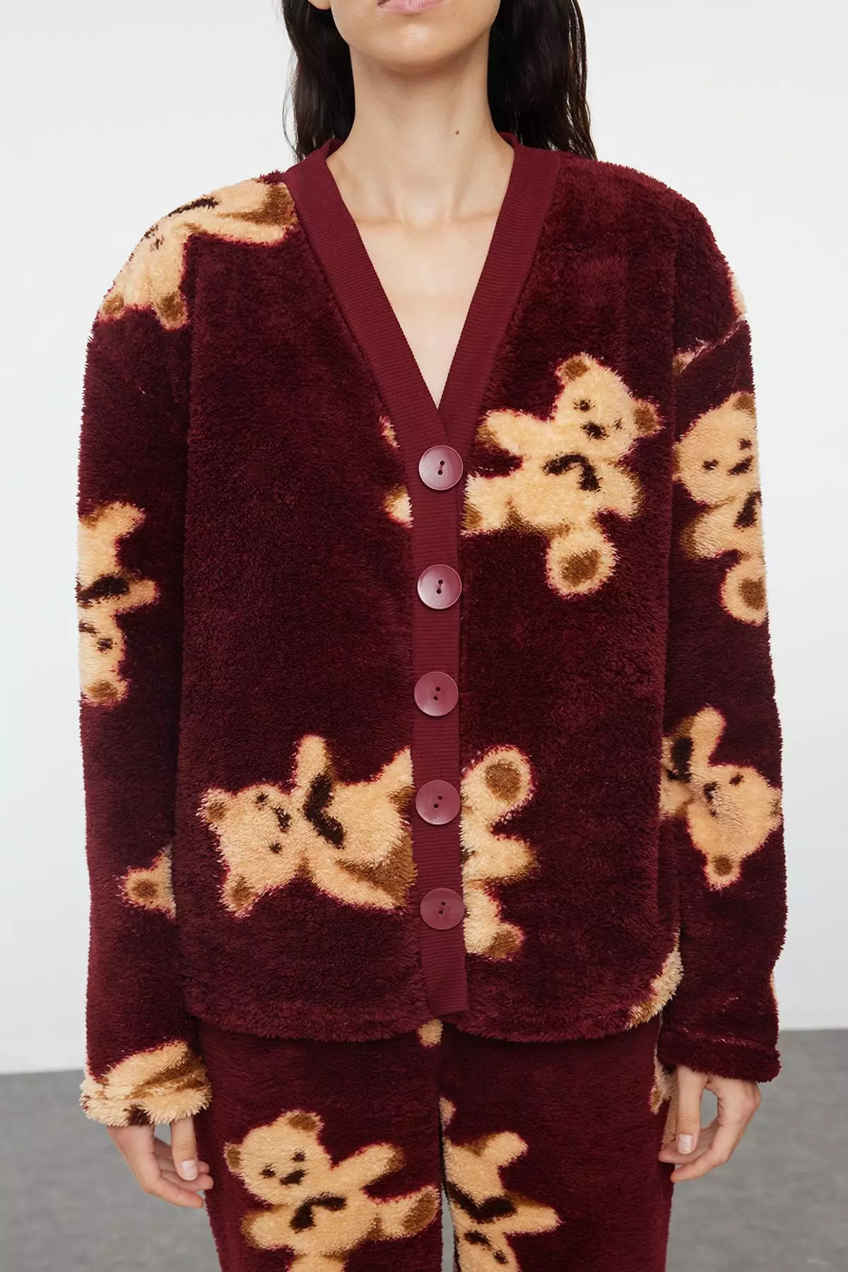 Claret Red Teddy Bear Wellsoft Winter Knitted Pajama Set THMAW25PT00055