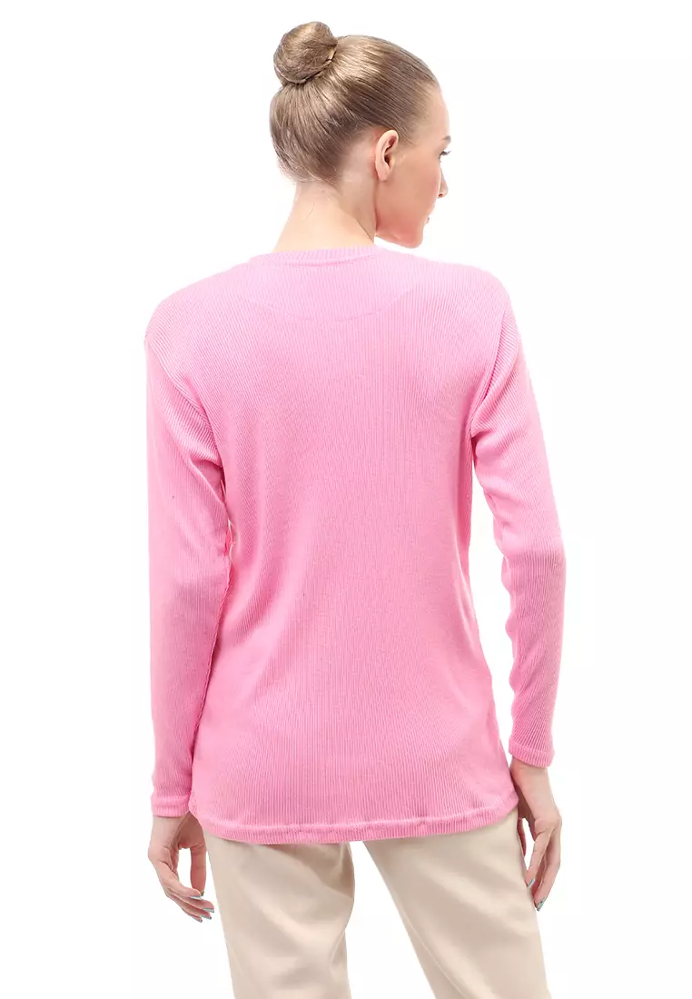 Briley Kaos Atasan Wanita Long Sleeves Motif Salur Relaxed Fit - Soft Pink