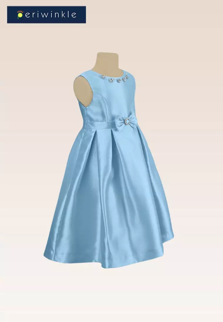 Thess Girls Lt. Blue Bejewelled Neck And Buckle Detail Party Dress