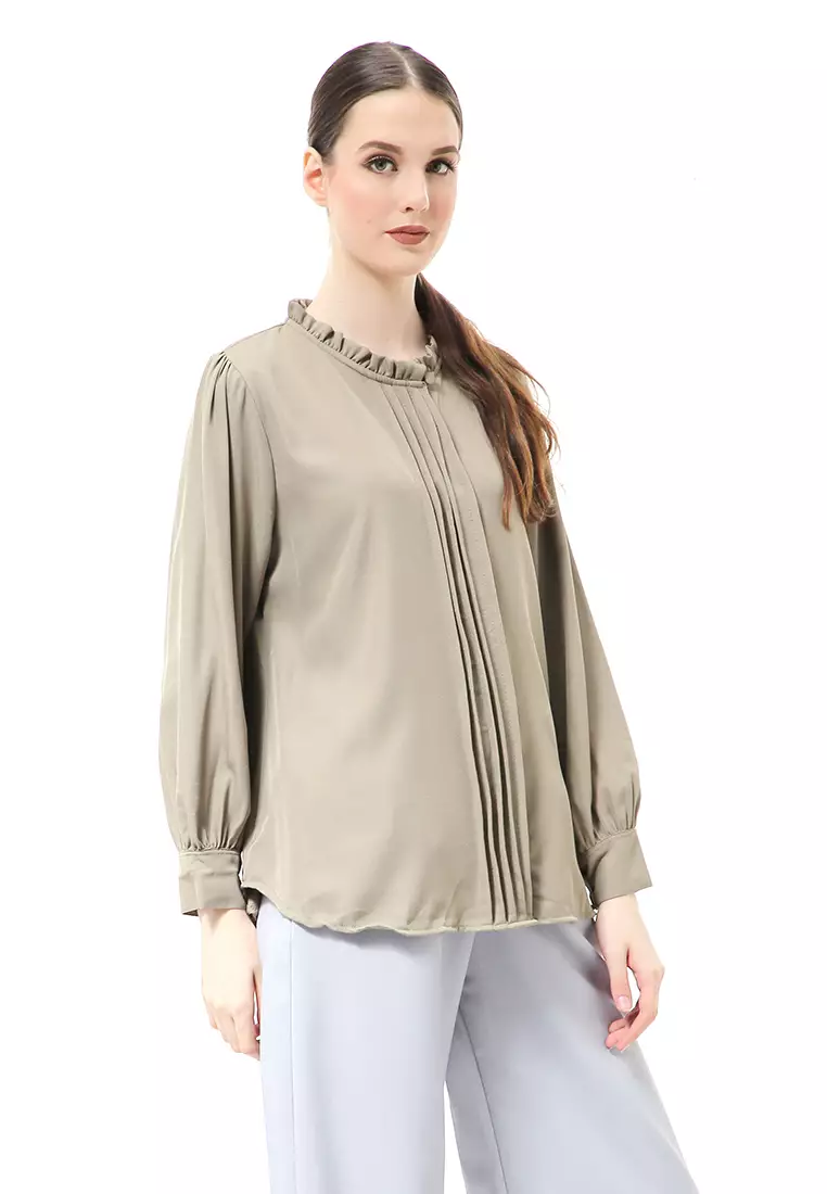 Vionka Kemeja Atasan Wanita Opnaisel Motif Polos - Army