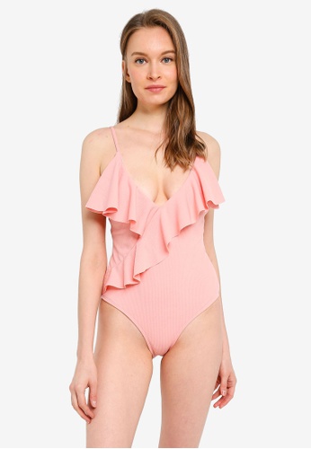 PINK N' PROPER pink Basic Ruffle V Neck Swimsuit BA483USD81A3A5GS_1