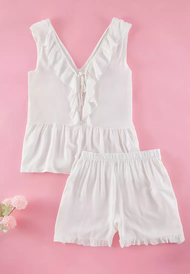Ecru Ruffle and Tie Detail Woven Pajama Set TBBSS25AI00099