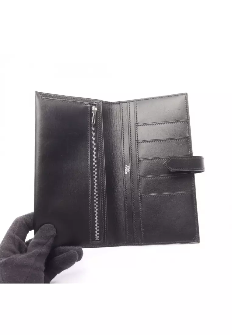 Pre-Loved Hermès bear souffle Bi-fold Long Wallet box calf black silver hardware □H stamp