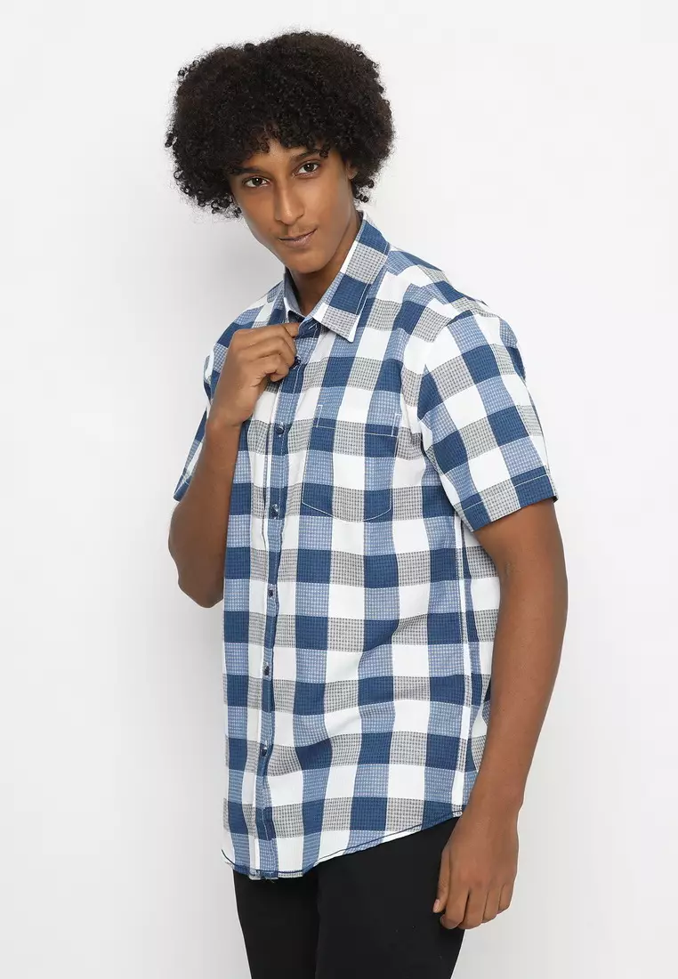 POLICE Kemeja Kotak Cotton Slub Biru Regular Fit Pria