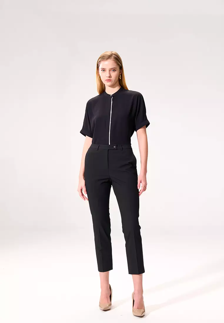 Black Color-Block Placket 3/4 Sleeve Top