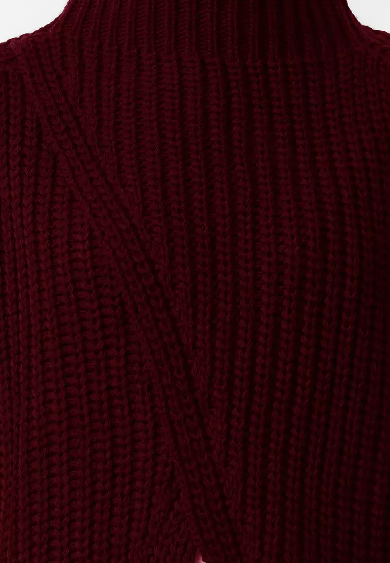 Burgundy Stand Collar Slit Knitwear Sweater